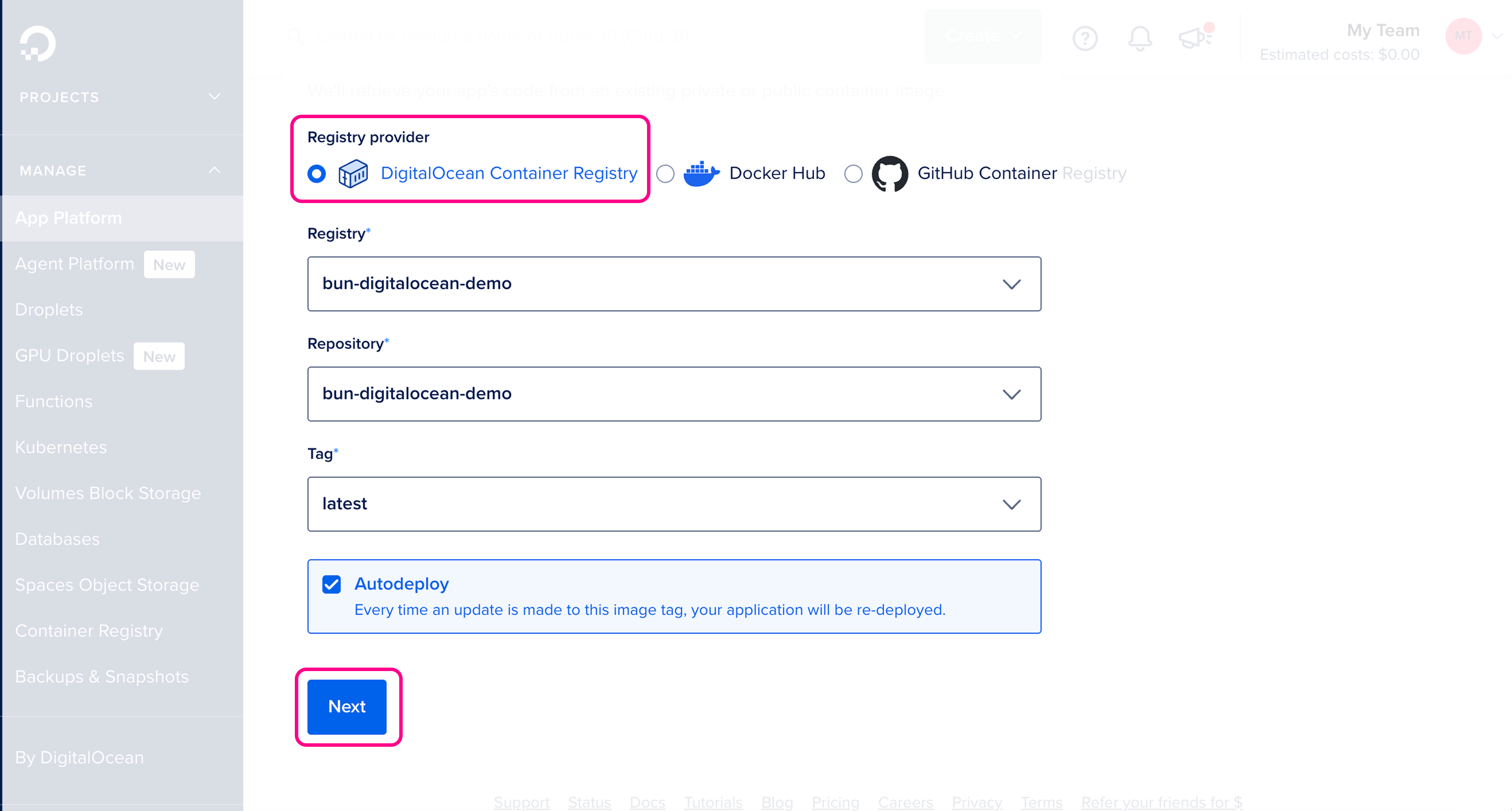 DigitalOcean App Platform service dashboard