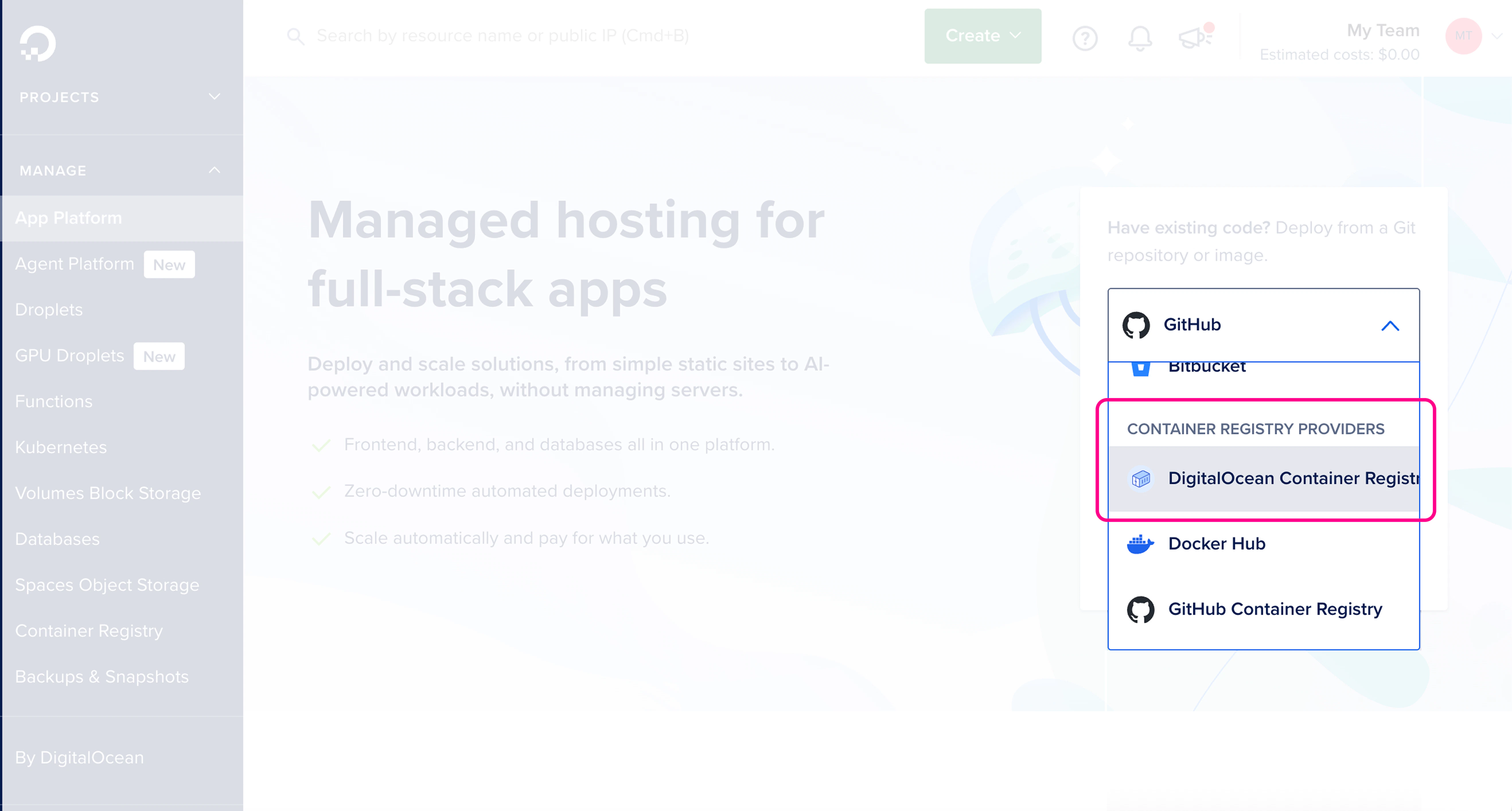 DigitalOcean App Platform project dashboard