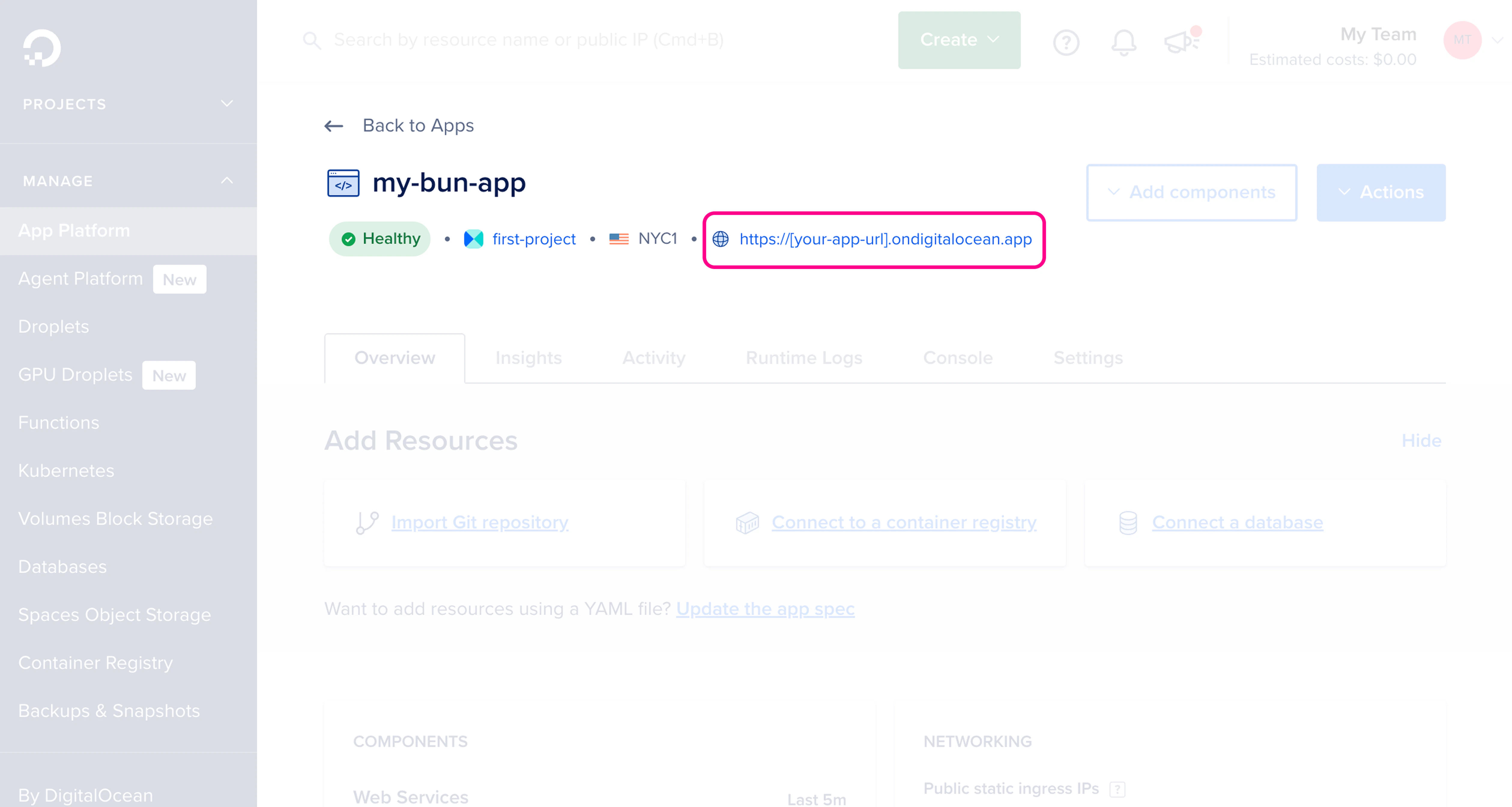 DigitalOcean App Platform app dashboard