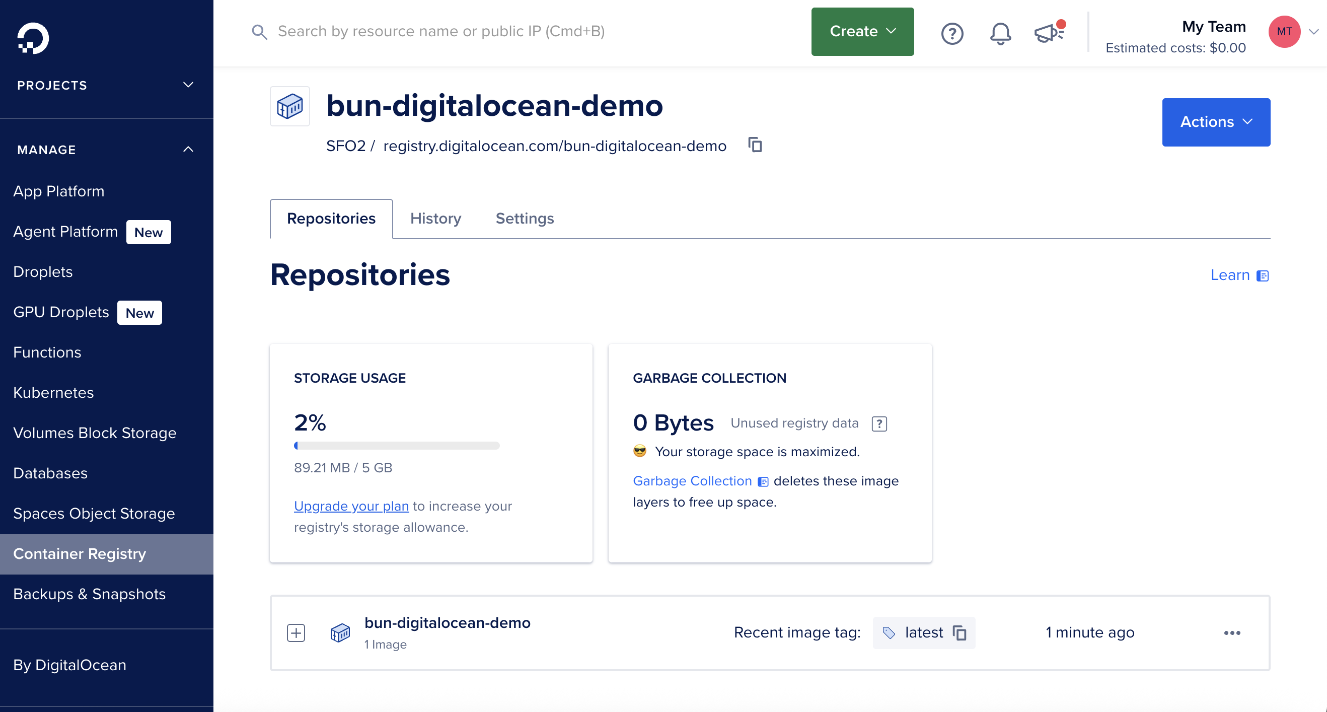 DigitalOcean registry dashboard