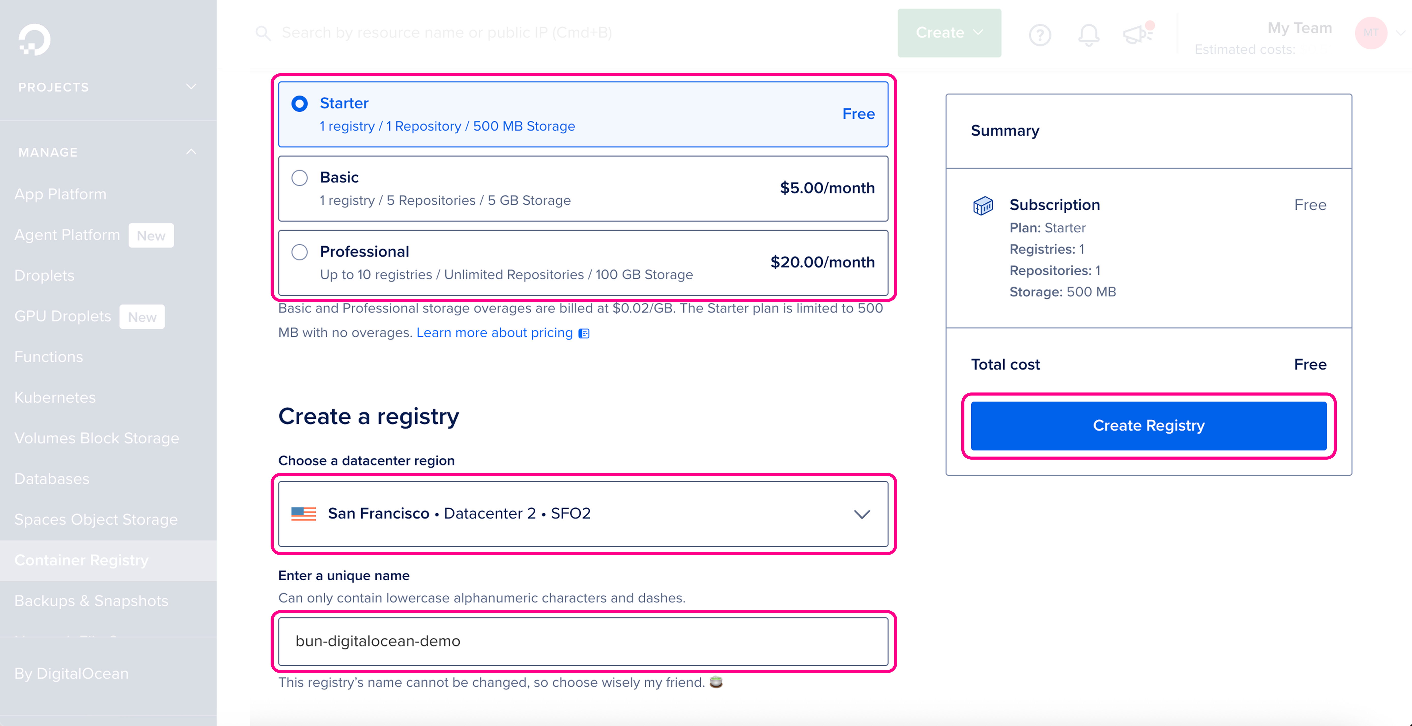 DigitalOcean registry dashboard