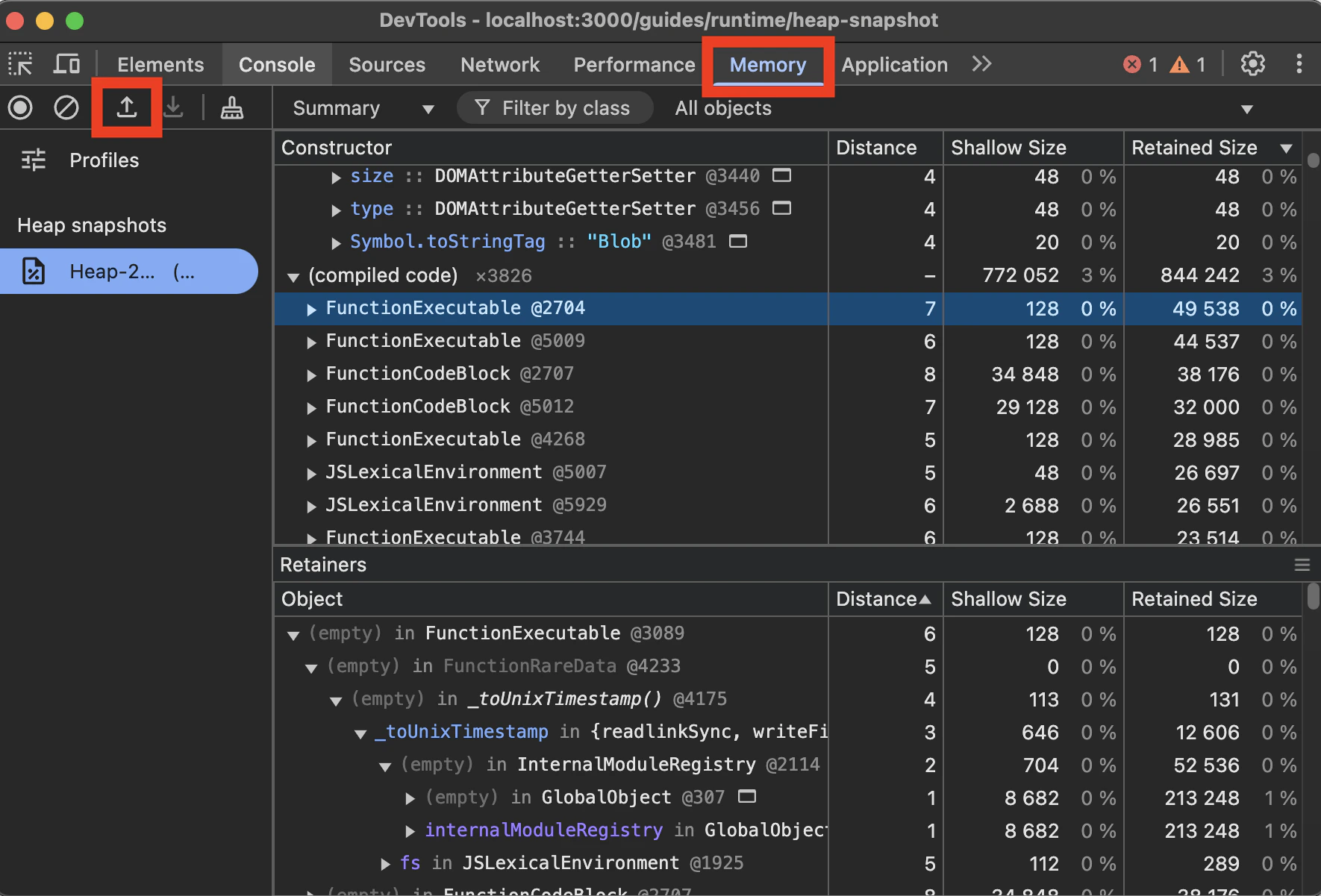 Chrome DevTools Memory Tab