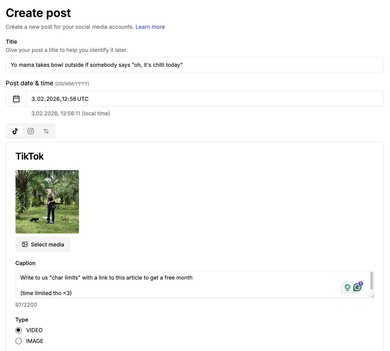 bundle.social create post interface showing character counter
