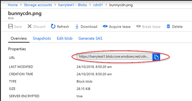 The blob URL in Blob Properties