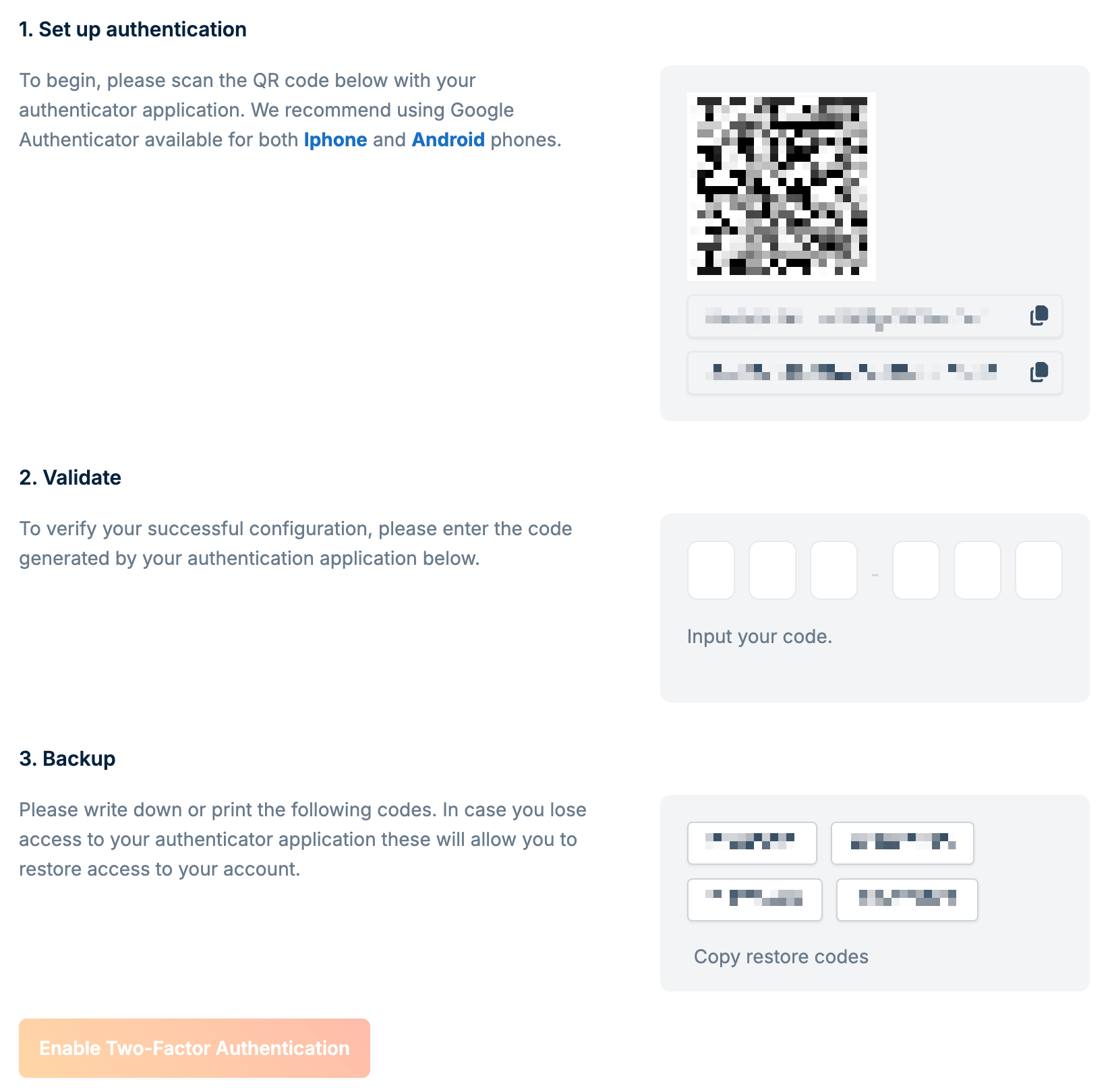 Two-factor authentication
settings