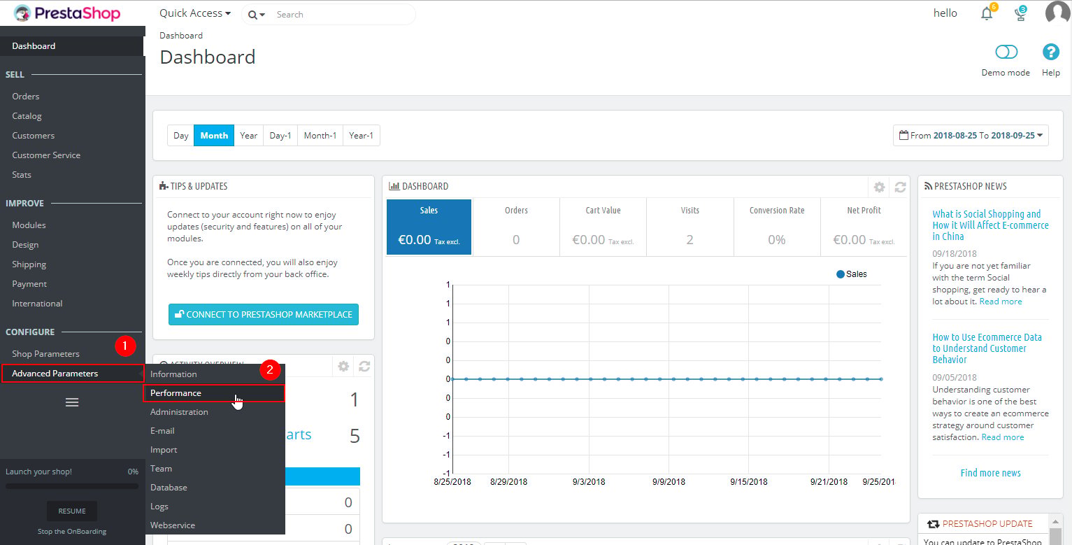 PrestaShop Advanced Parameters menu