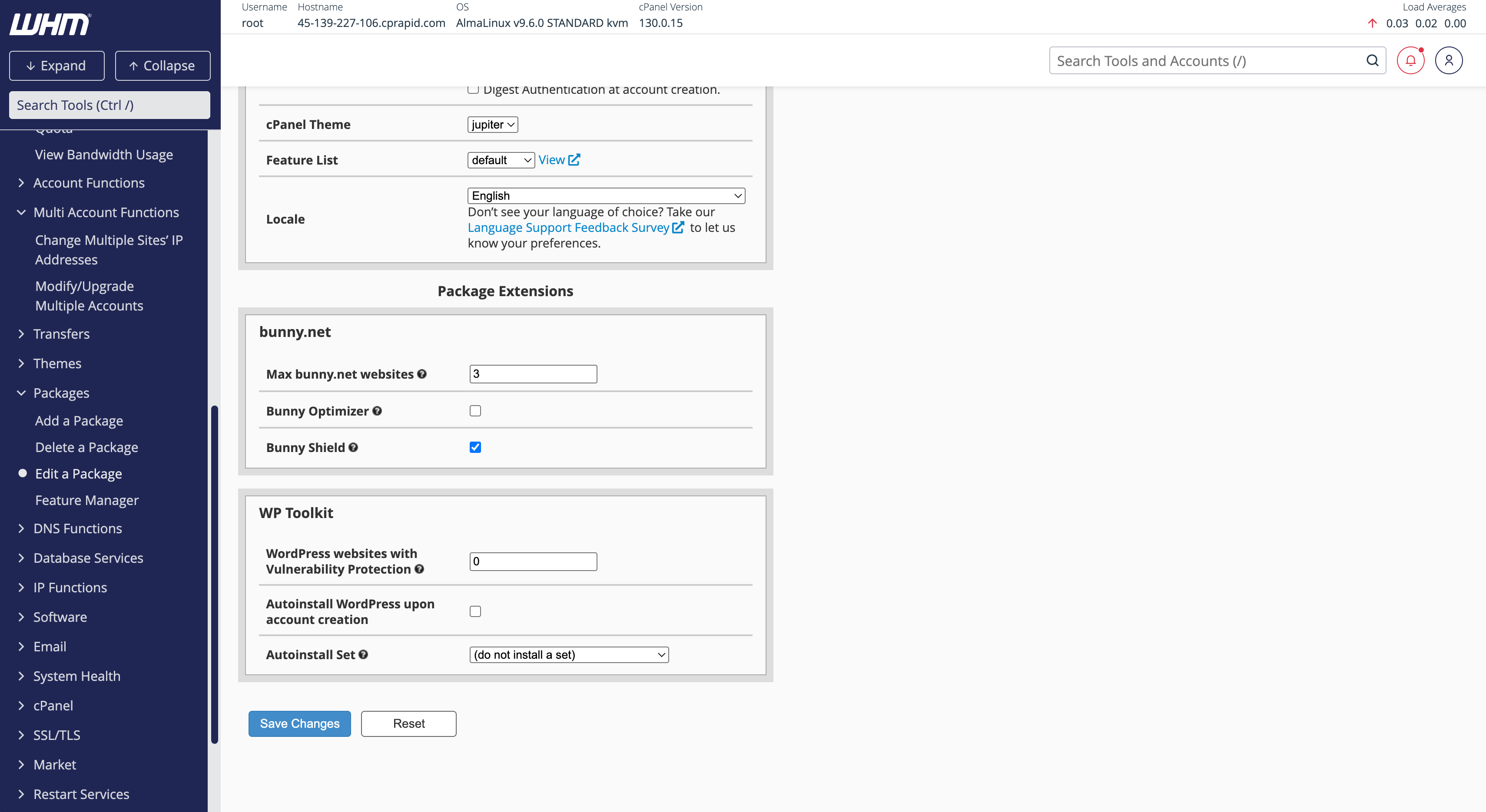 Hosting package configuration