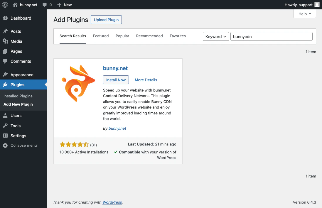 BunnyCDN plugin search results