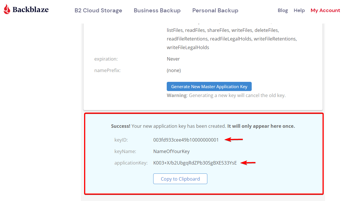 The created application key details
