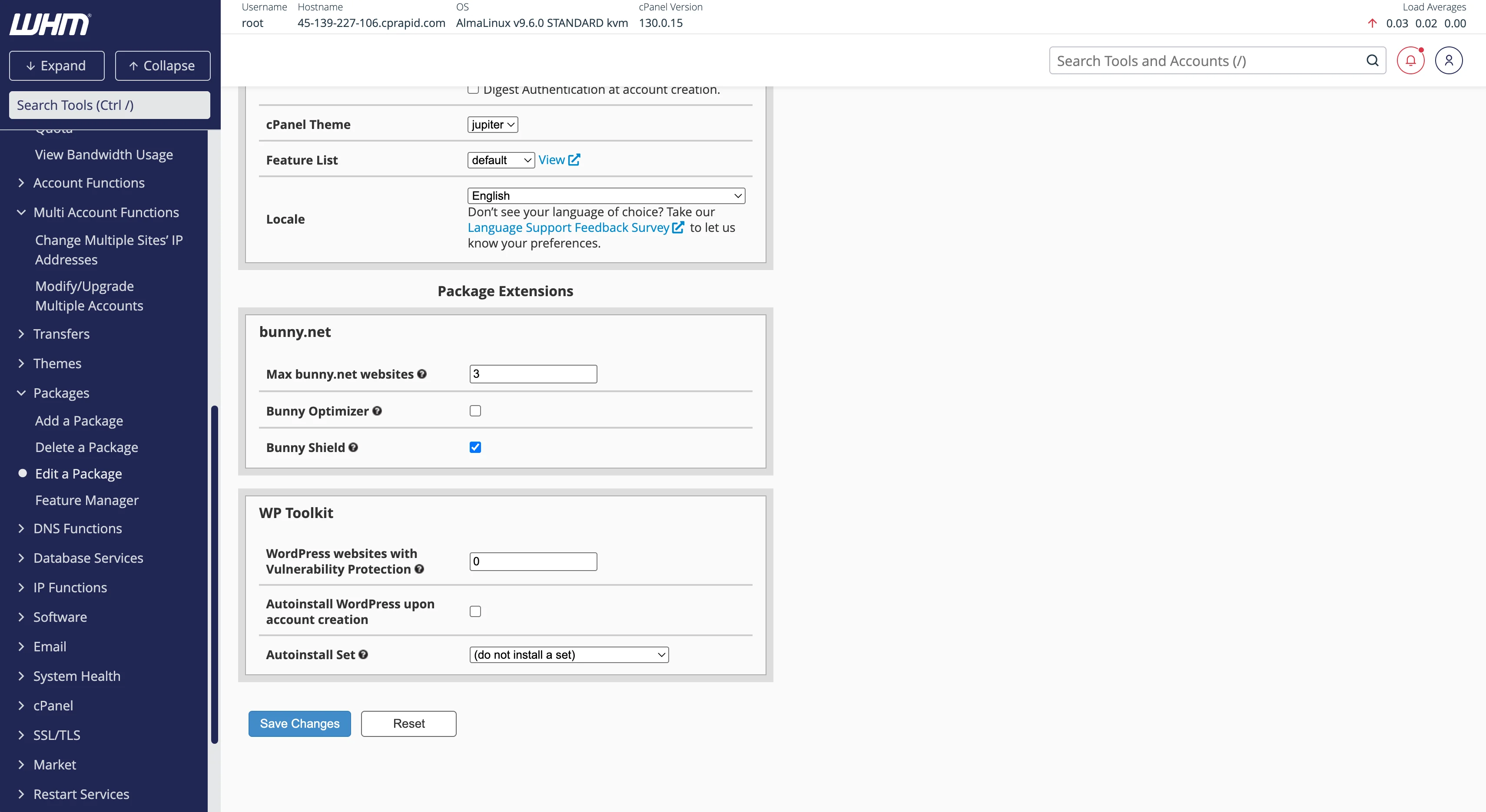 Hosting package configuration