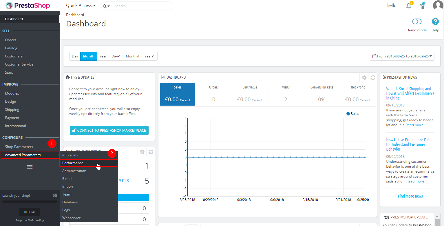 PrestaShop Advanced Parameters menu