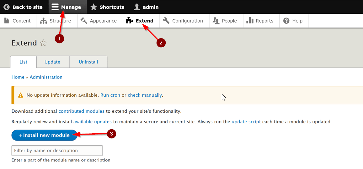 Drupal Extend page with the Install new module button