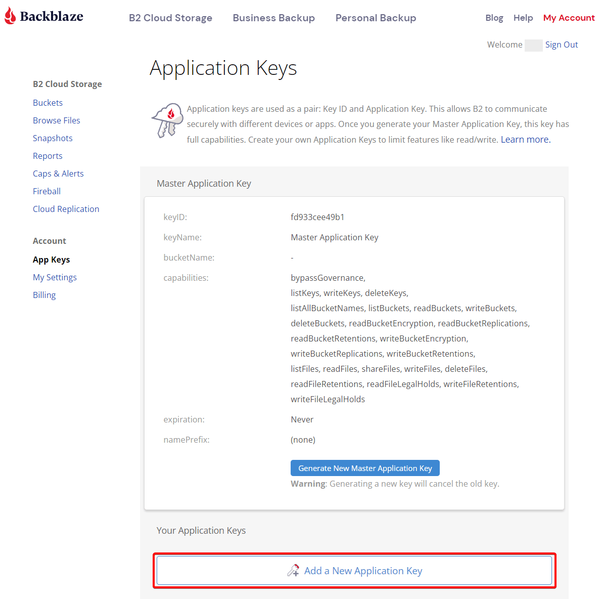 Adding a new application key