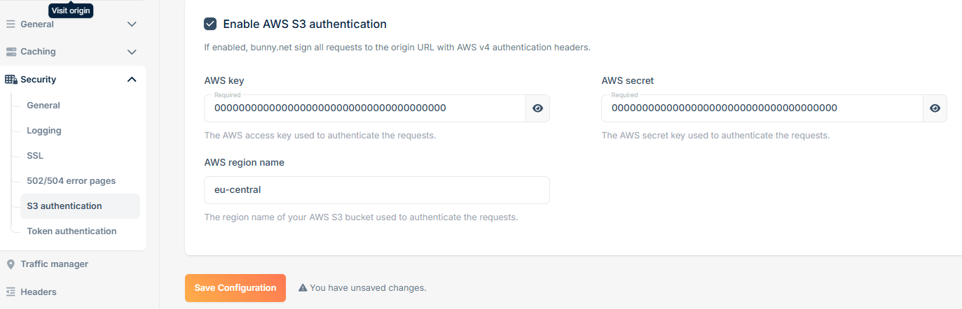 Configuring AWS S3 authentication on the Pull Zone