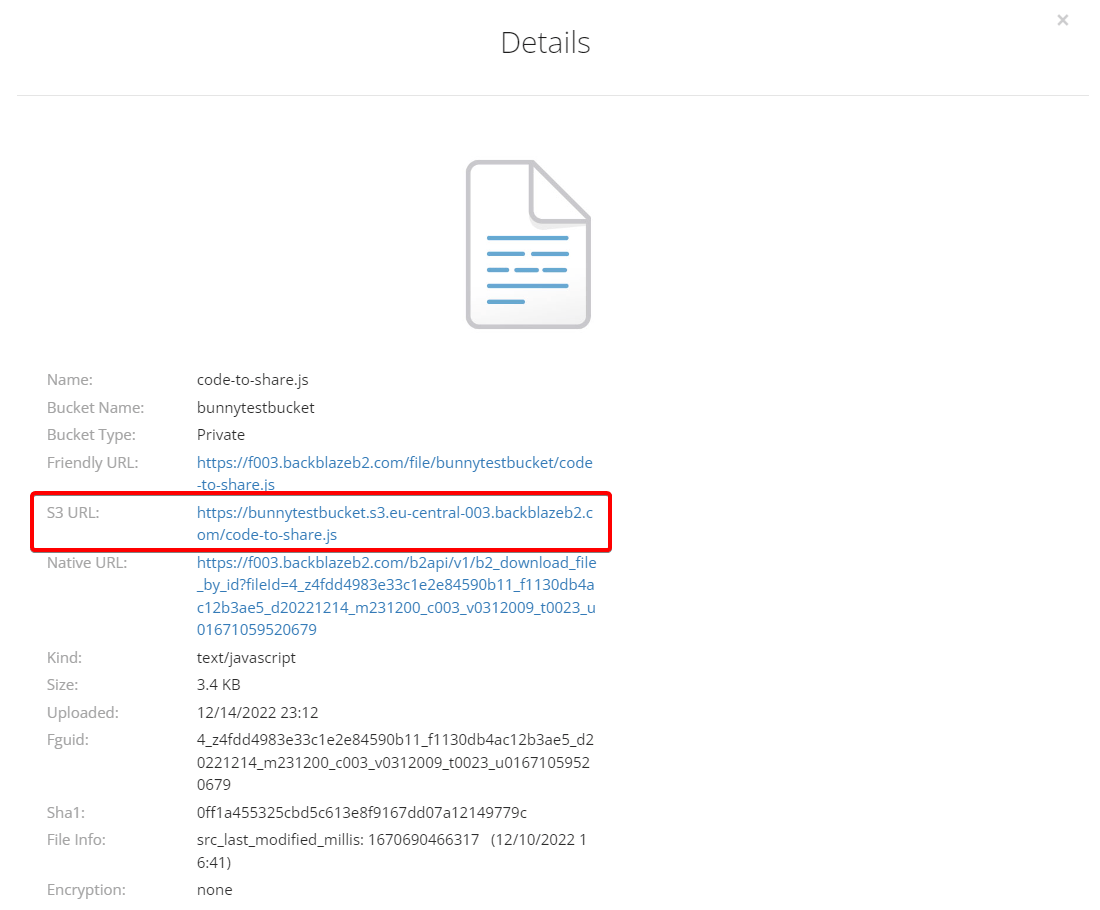 The S3 URL in the file details