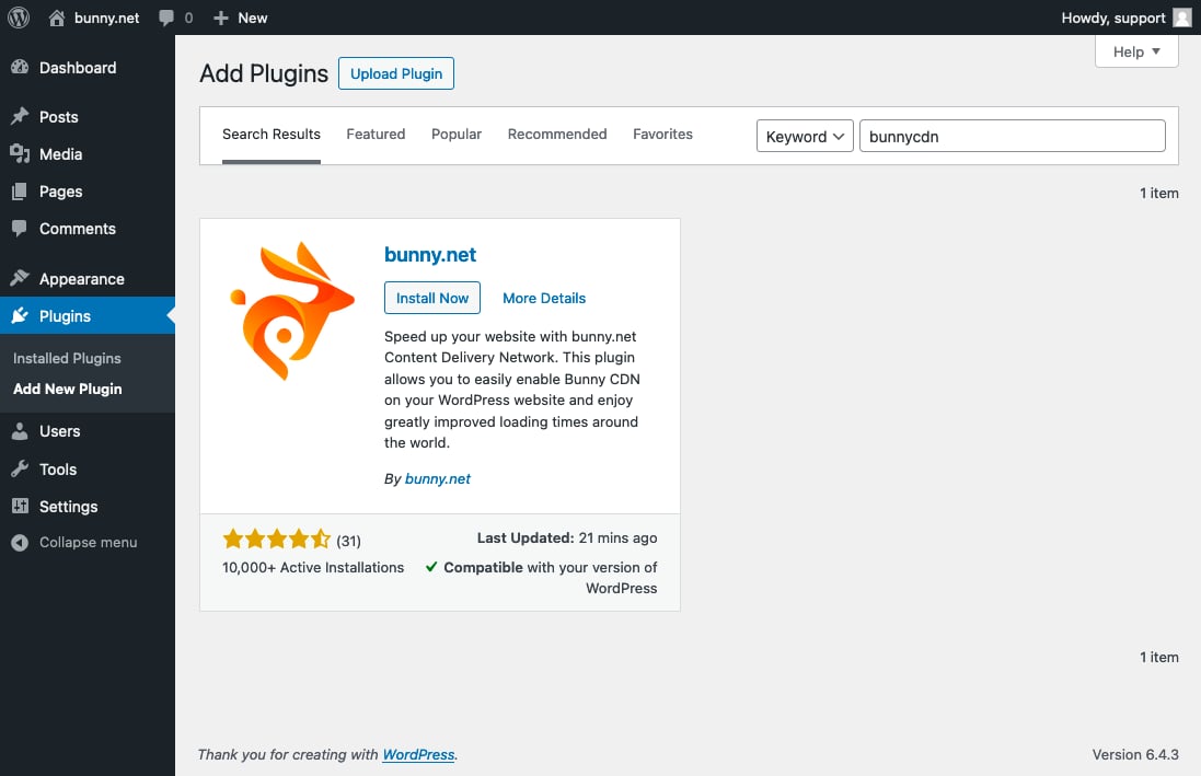 BunnyCDN plugin search results