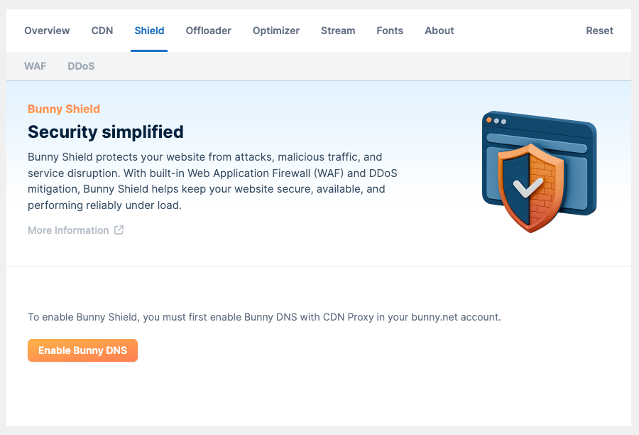 Bunny Shield tab in the WordPress plugin
