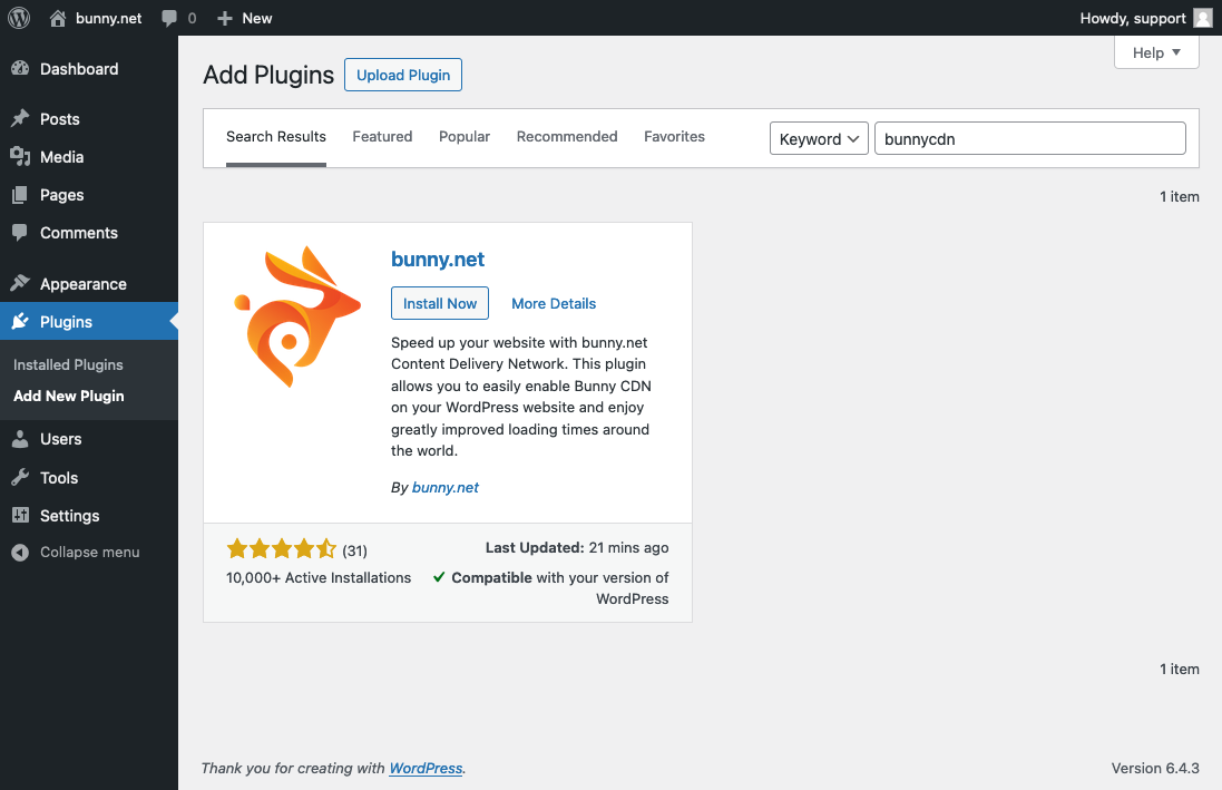 BunnyCDN plugin search results