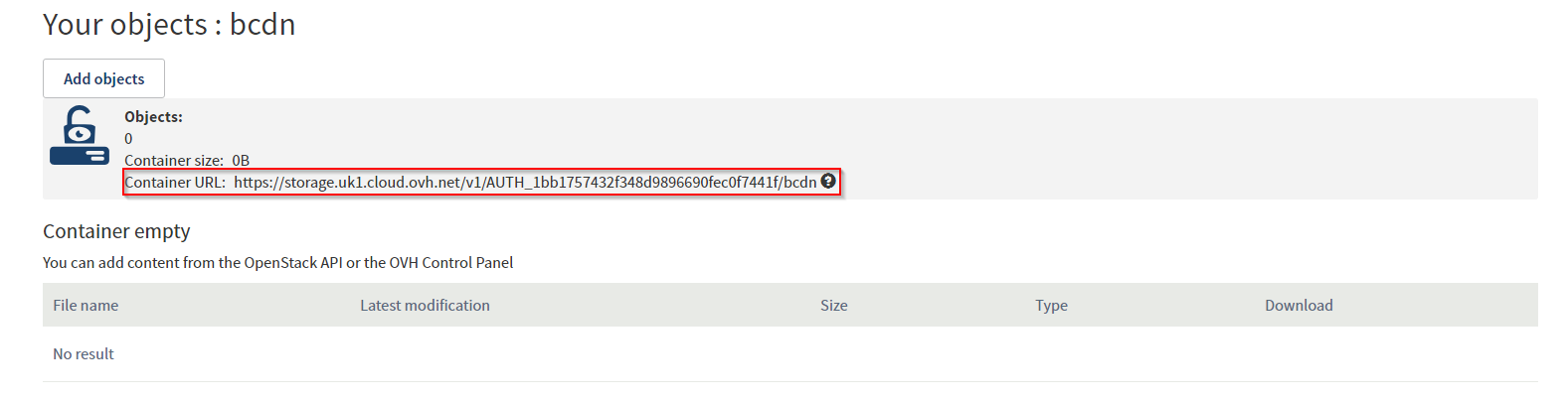 The OVH container URL