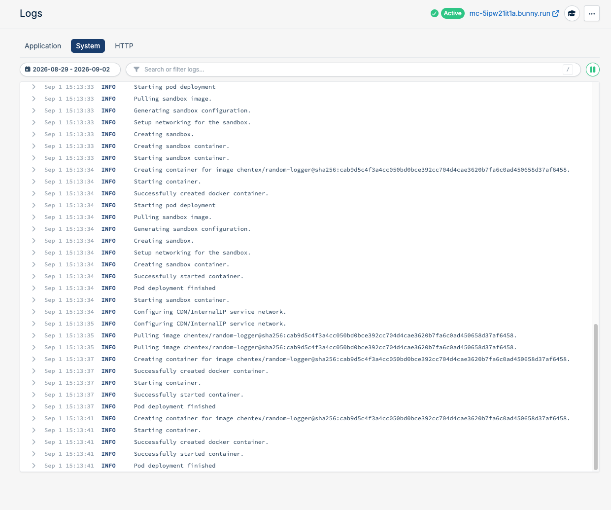 System logs tab showing platform events for a deployment