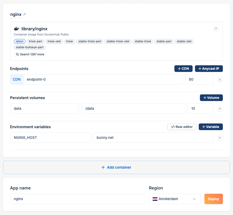Container configuration with image, endpoints, volumes, and environment variables