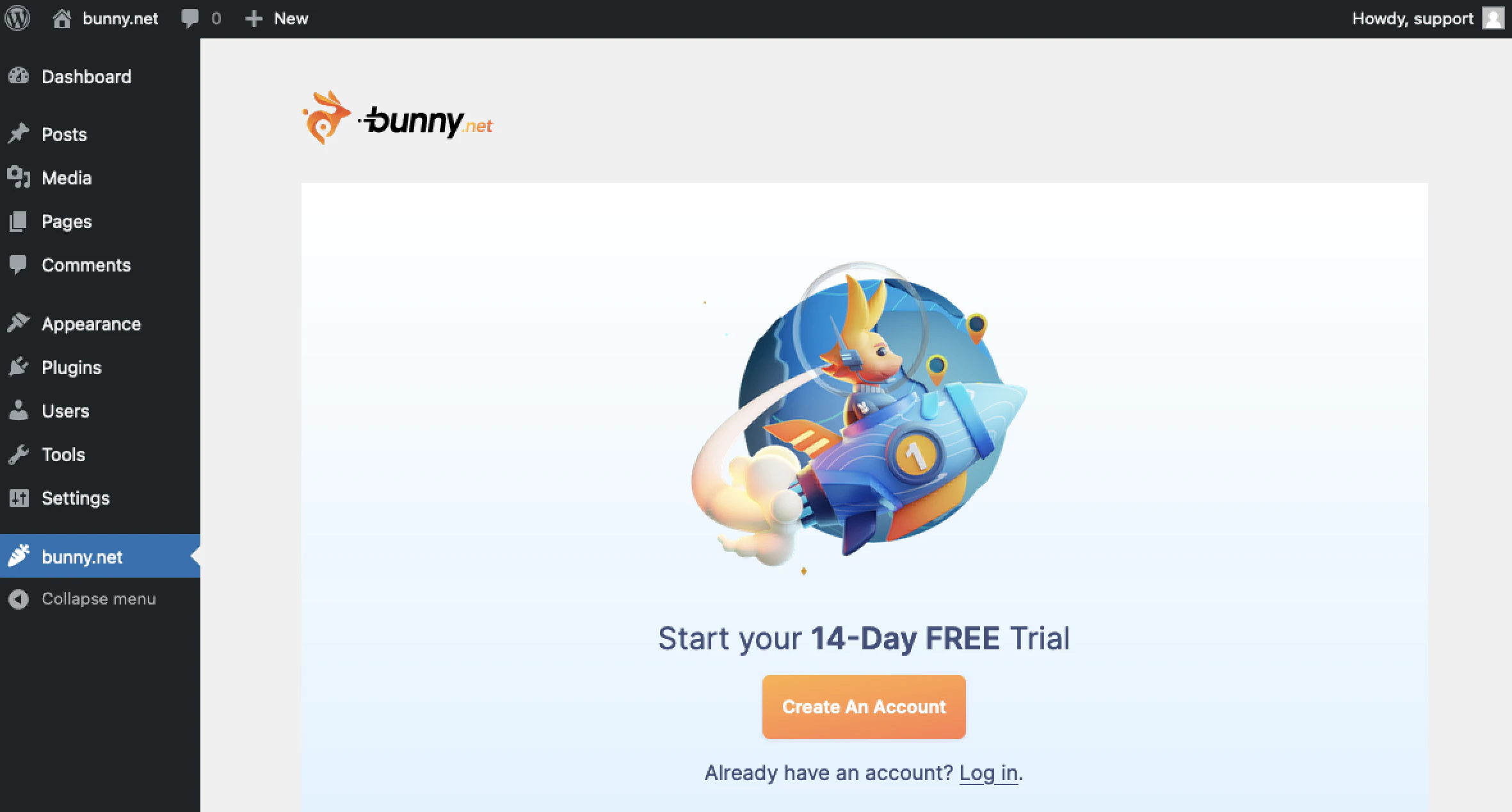 bunny.net plugin menu