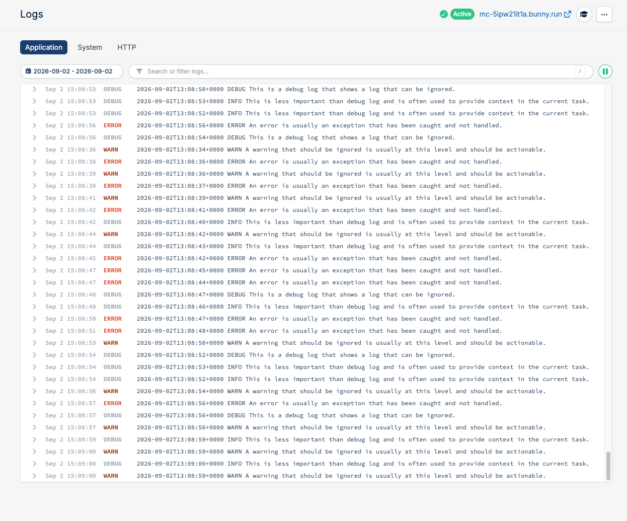Application logs tab showing live container output with log levels