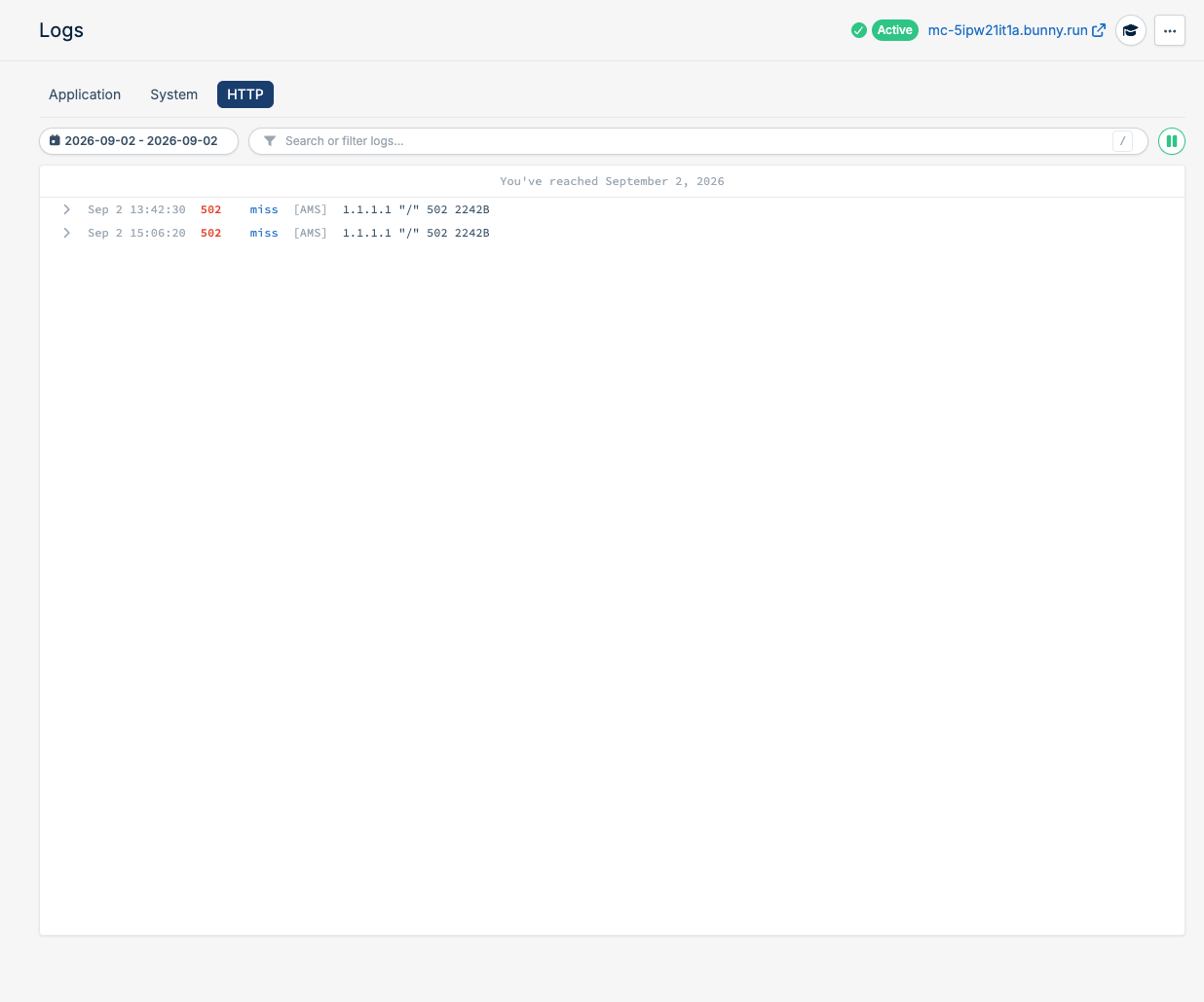 HTTP logs tab showing CDN requests with status and cache result
