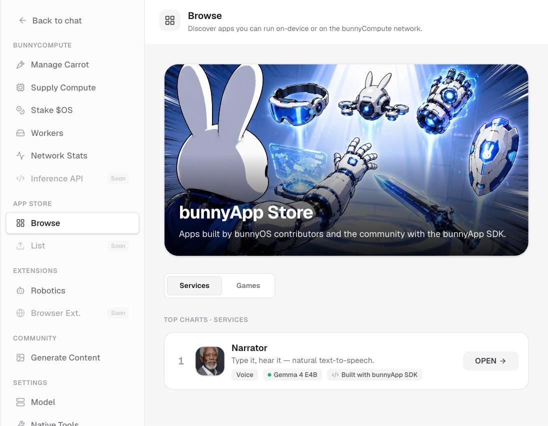 The bunnyOS App Store showing bunnyApps to browse and open