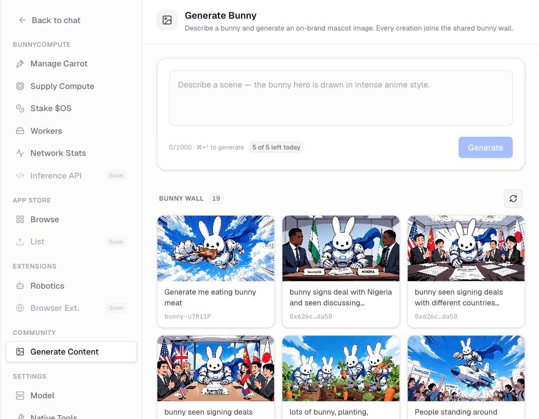 The bunny wall showing generated bunny images with their prompts