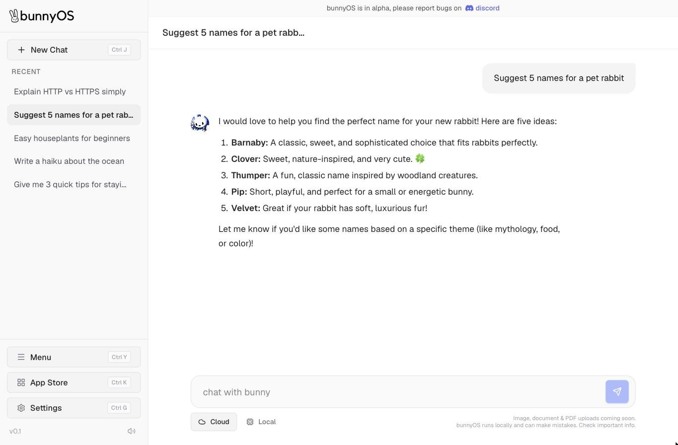 The bunny chat window with the message box and the sidebar of recent chats