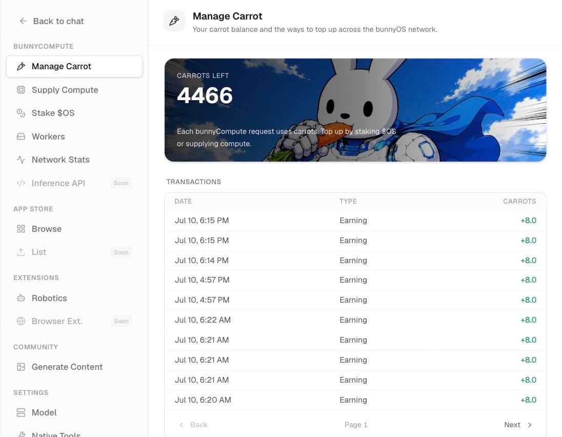 The Manage Carrot screen showing a Carrot balance and a list of transactions.
