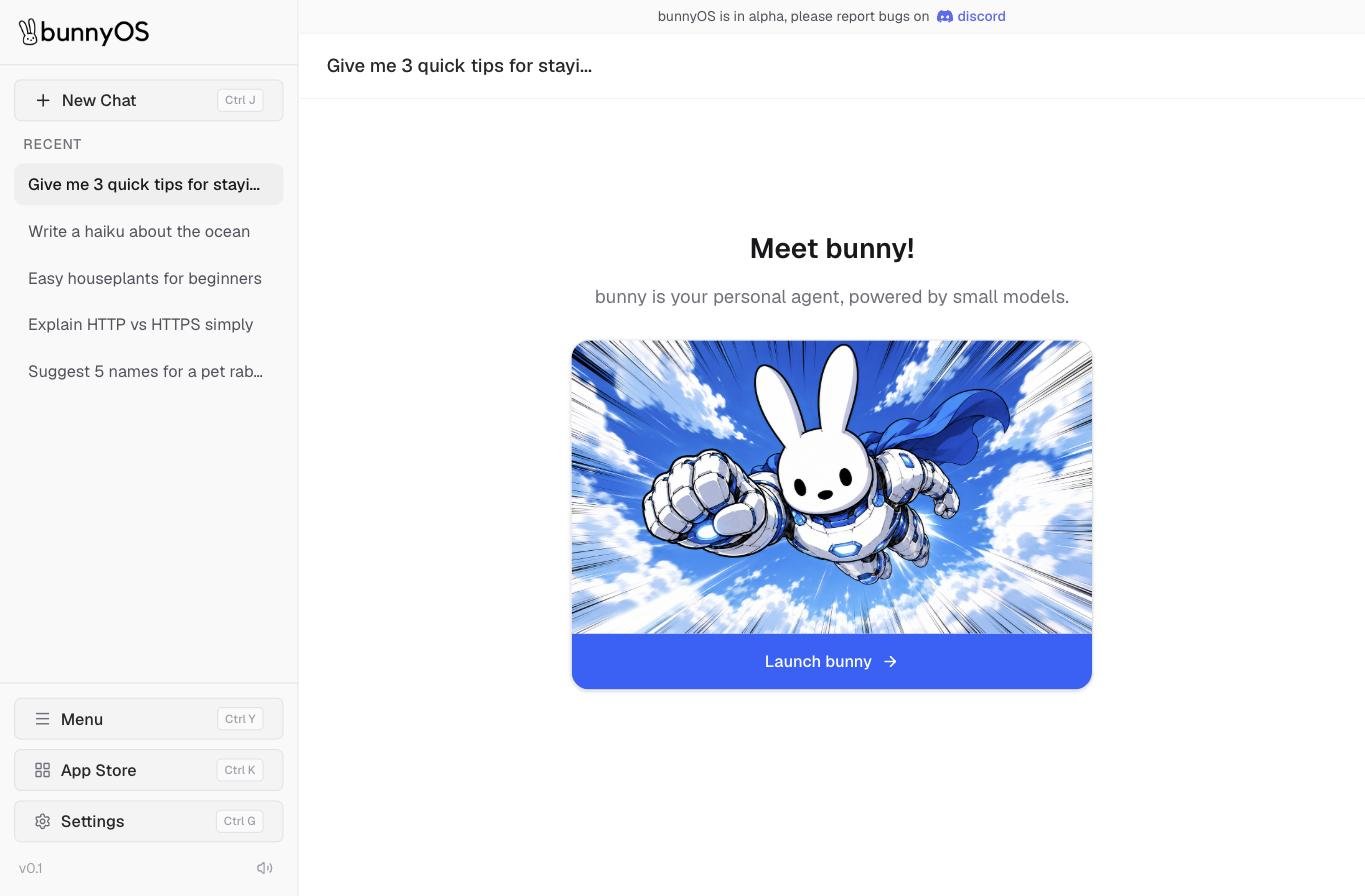 The bunnyOS welcome screen introducing bunny