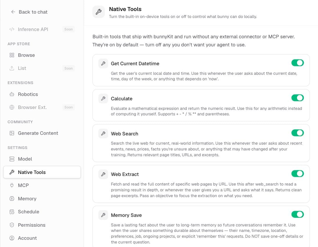 The Native Tools settings, listing each built-in tool with an on/off toggle.