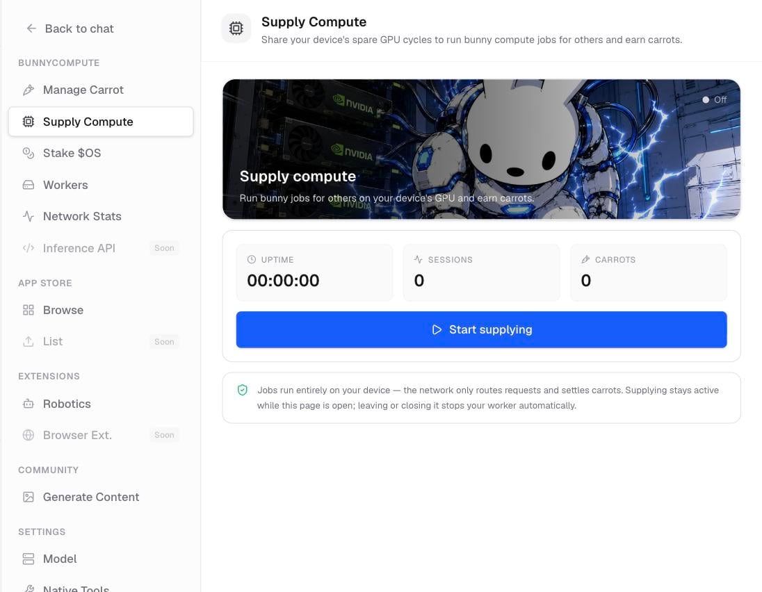 The Supply Compute panel with its Start supplying button and live uptime, sessions, and Carrots earned tiles.
