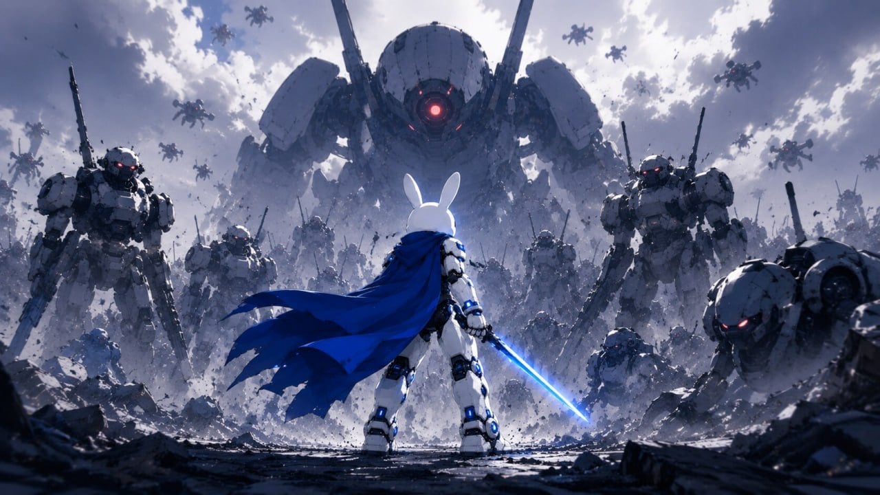 An armored bunny facing an army of giant machines