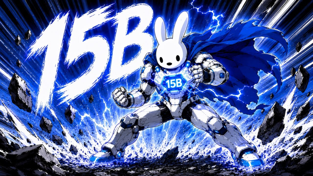bunny in a battle pose beside a giant 15B, the size of a small model