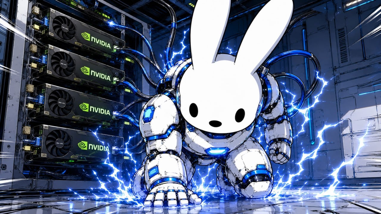 bunny wired into a rack of NVIDIA GPUs