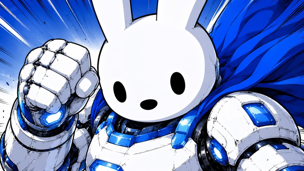 A close-up hero portrait of bunny with a fist raised