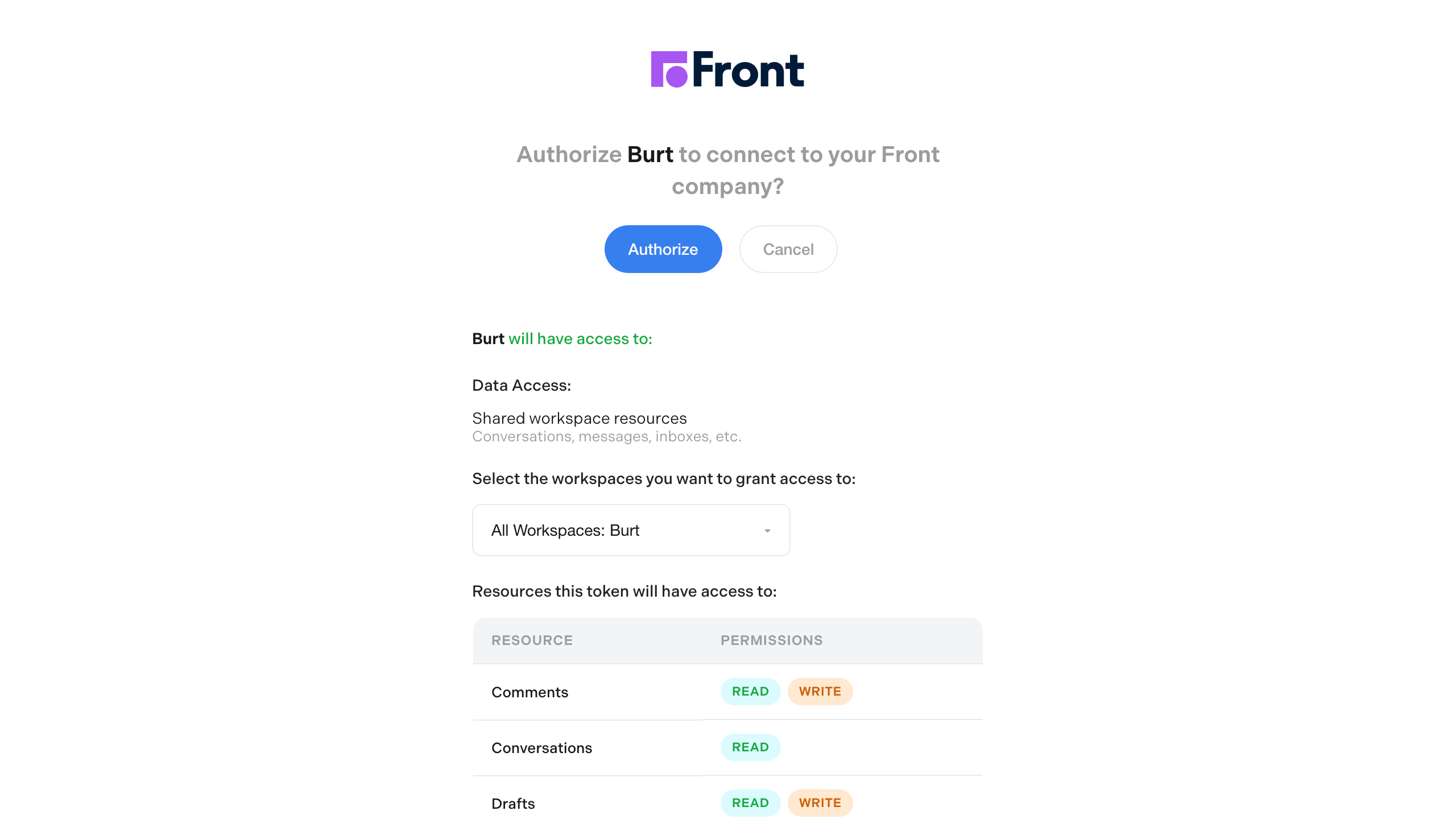 Front OAuth authorization page
