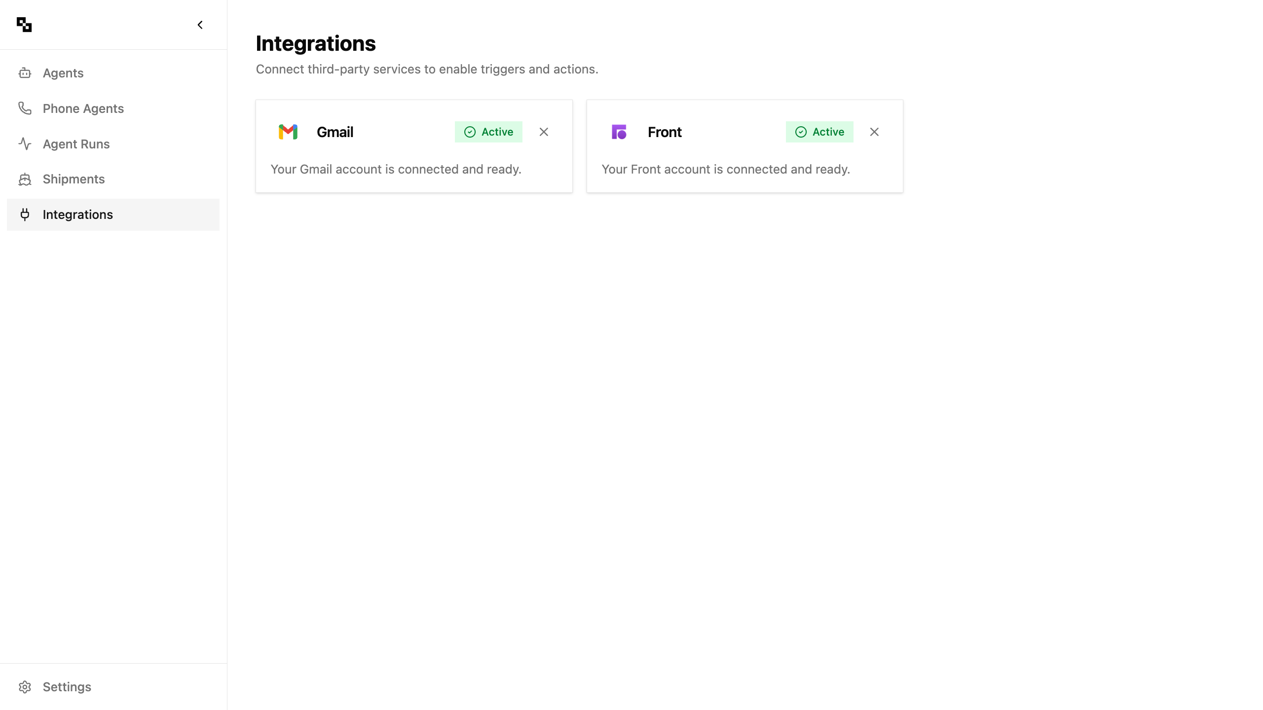 Integrations tab showing Front as connected