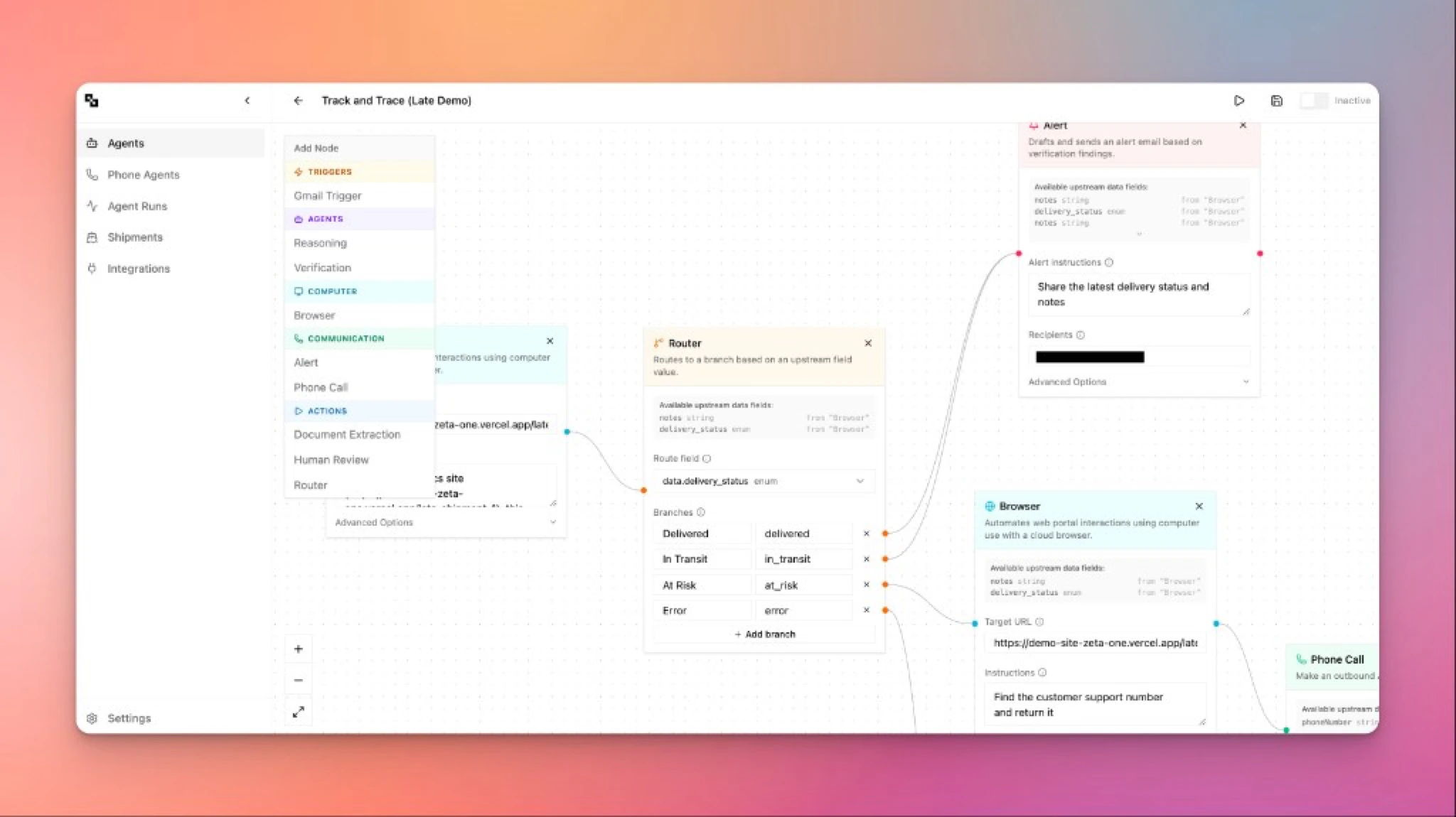 Burt workflow builder showing a Track and Trace automation with browser agents, routing logic, and phone call nodes