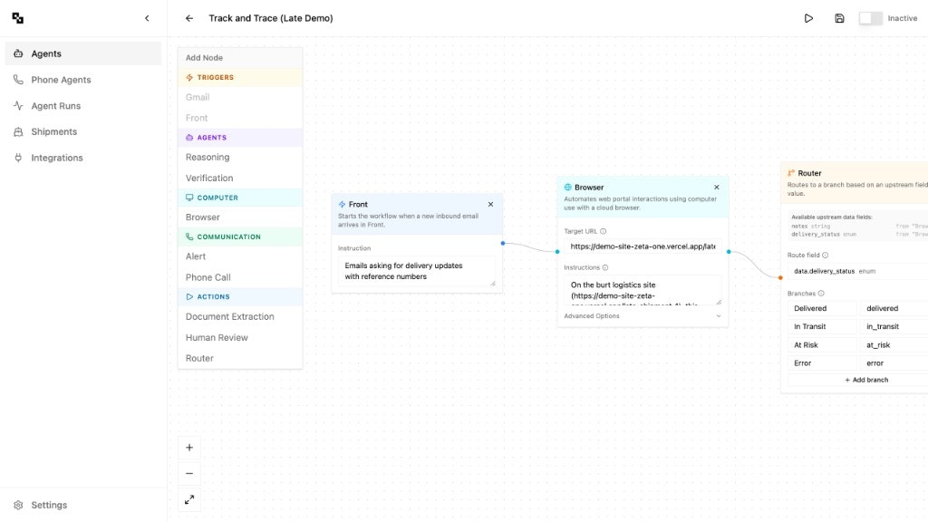 Workflow editor showing a Front trigger node connected to Browser and Router nodes