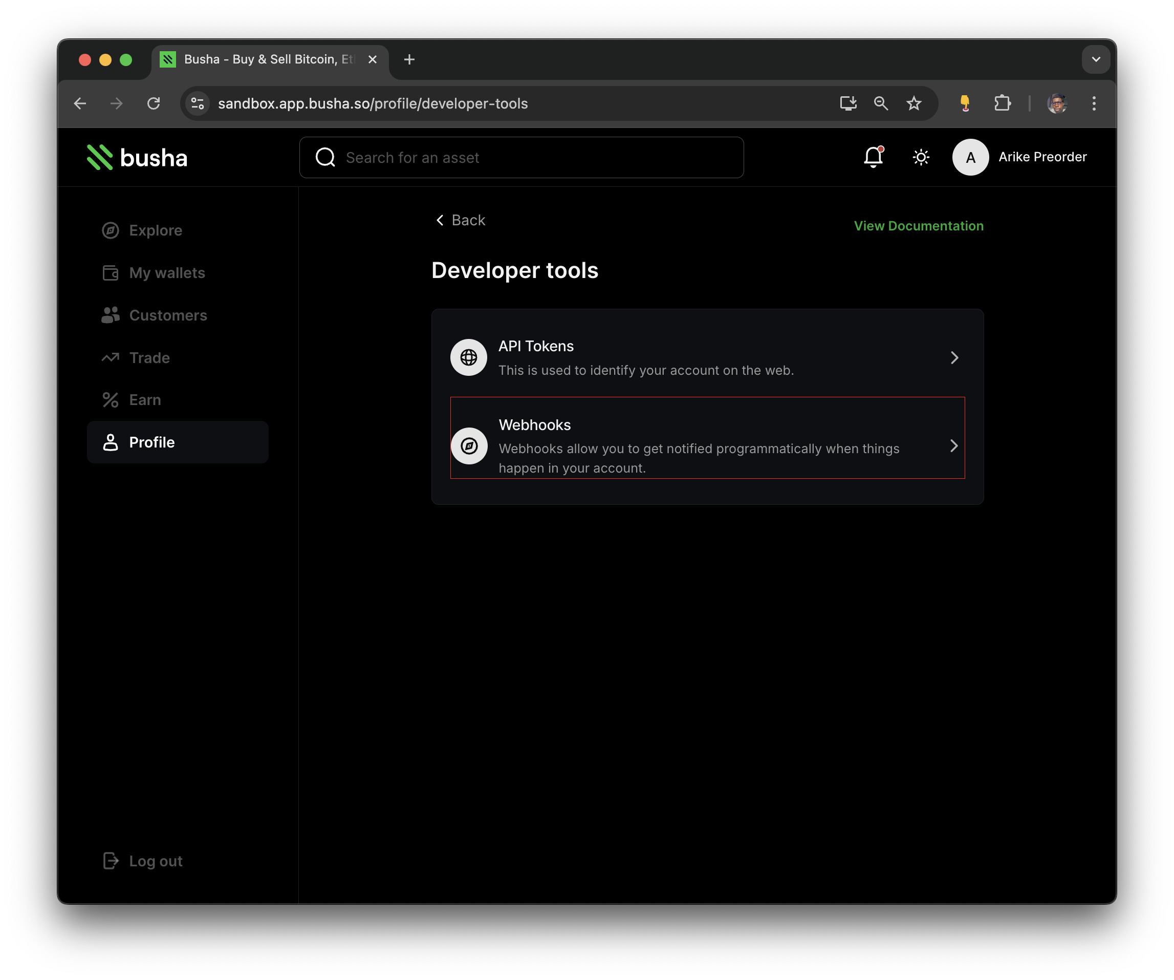 Profile > Developer tools > Webhooks