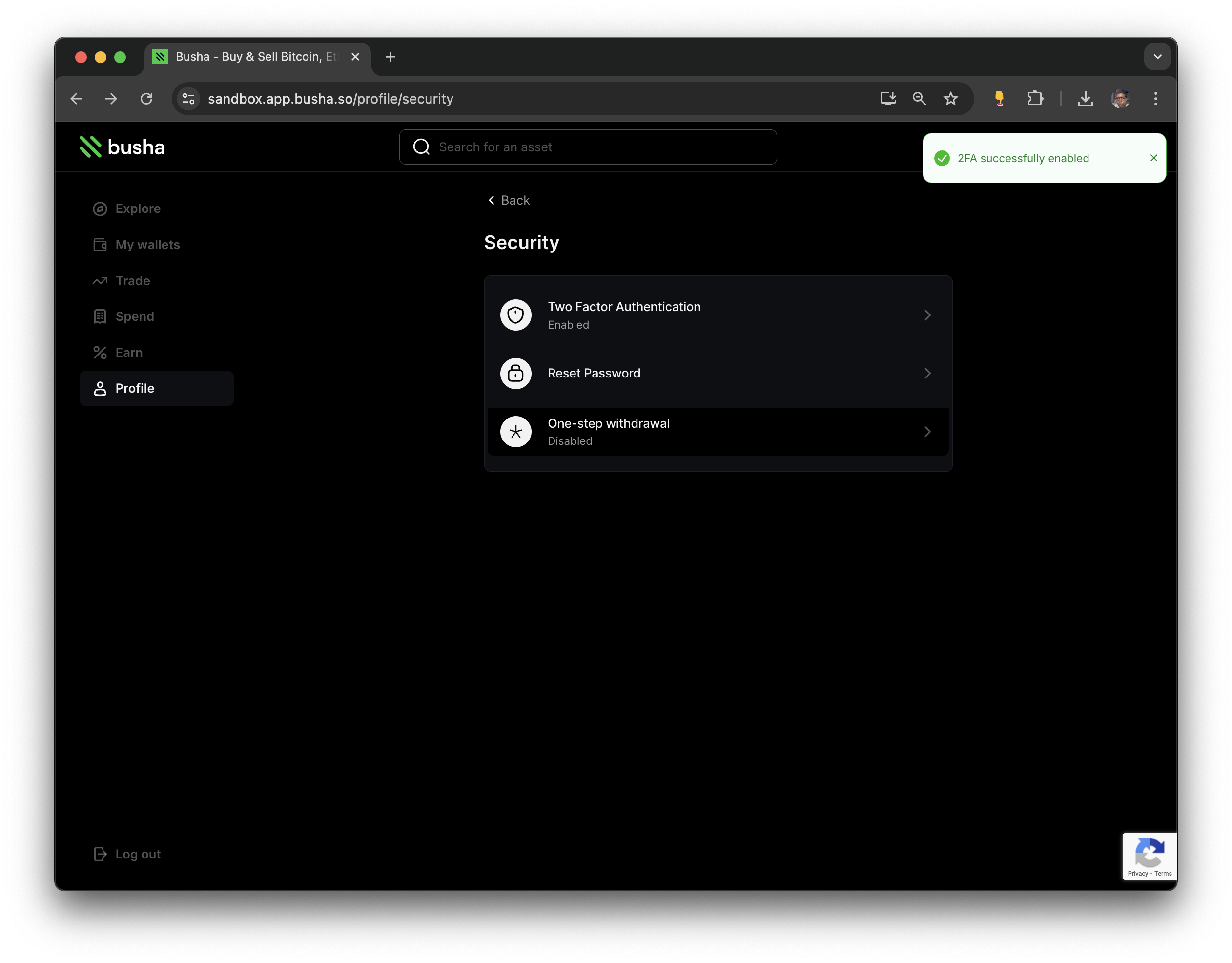 Security page with a success toast: 2FA successfully enabled