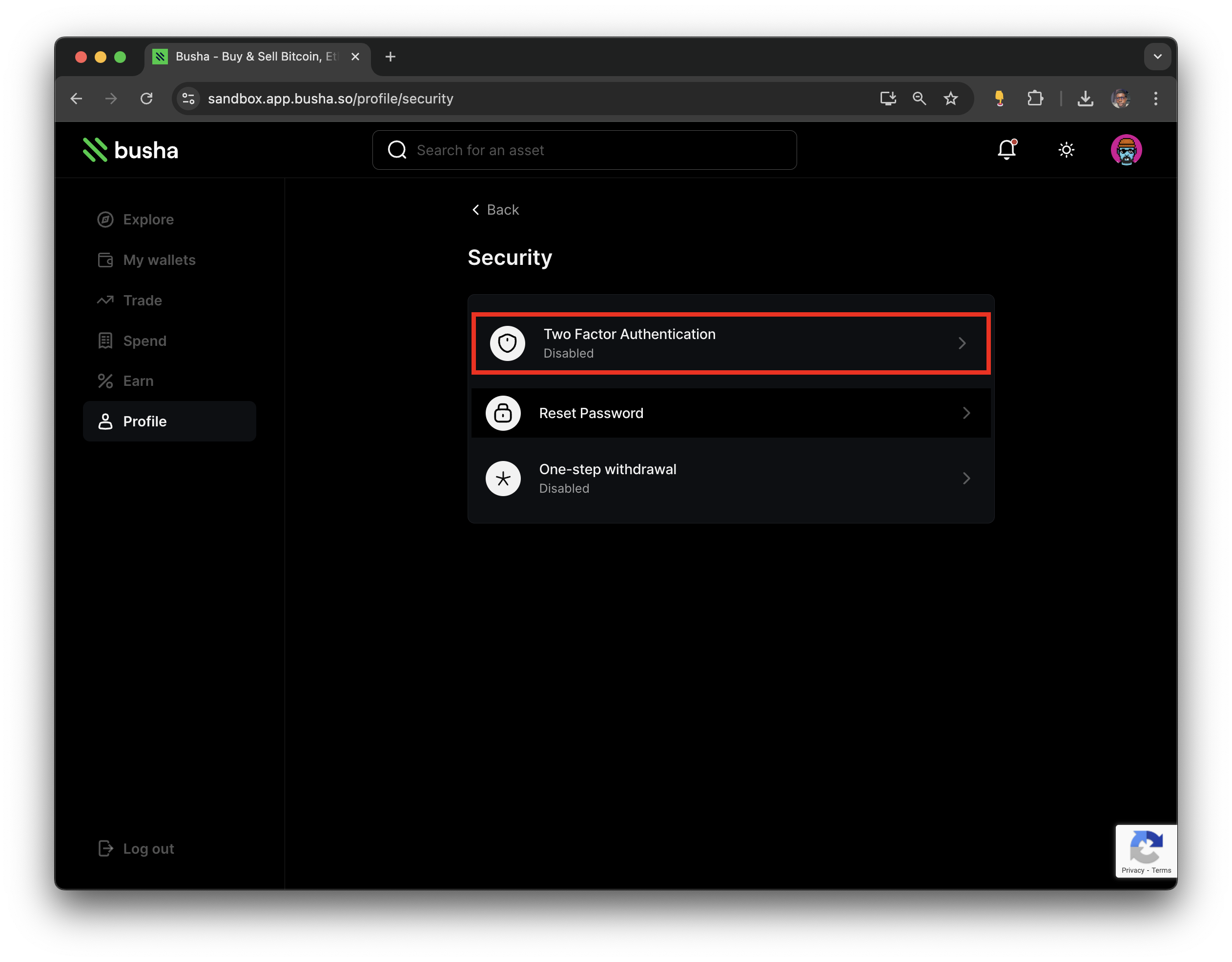 Security page with Two Factor Authentication in focus