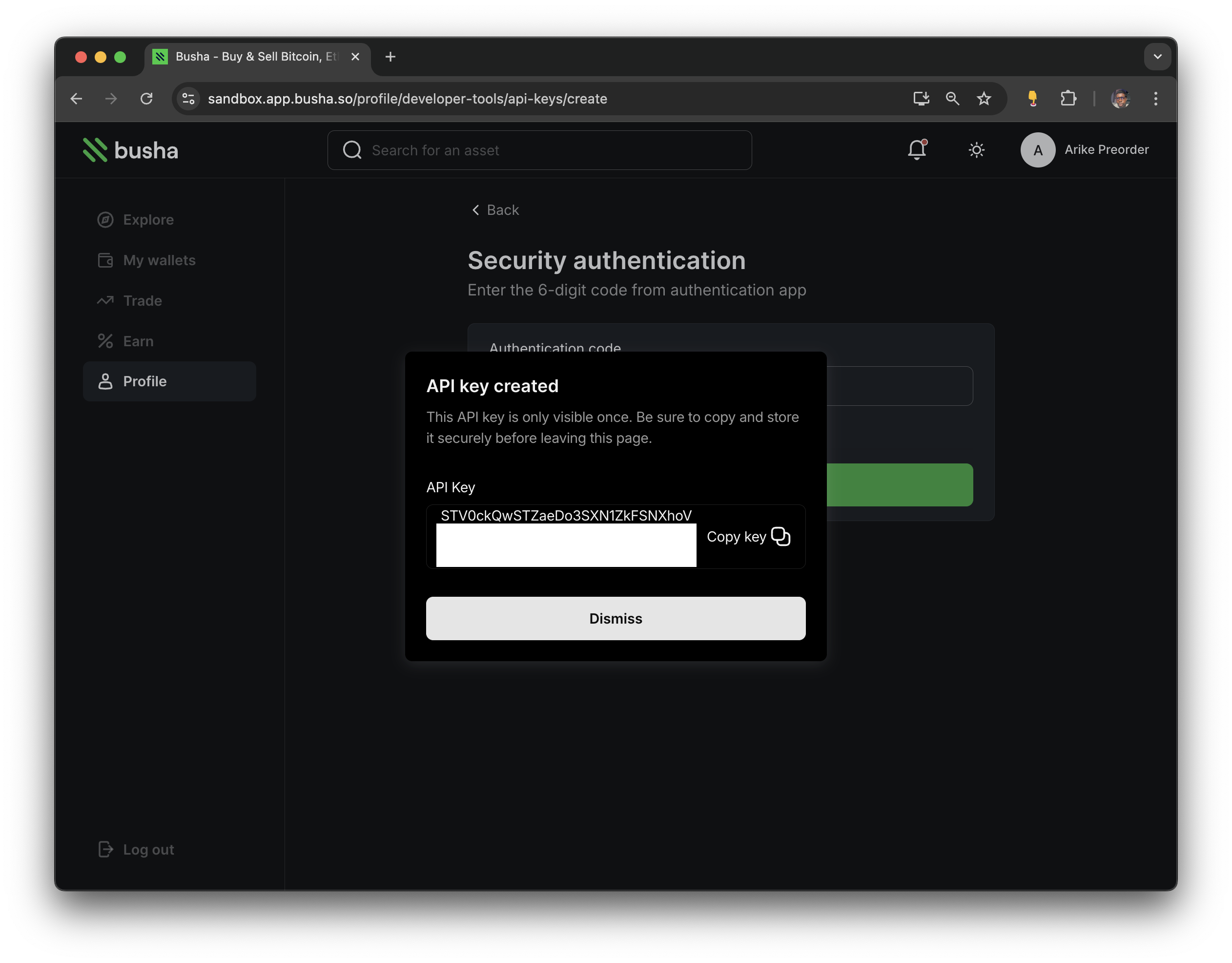 Details of the API key created