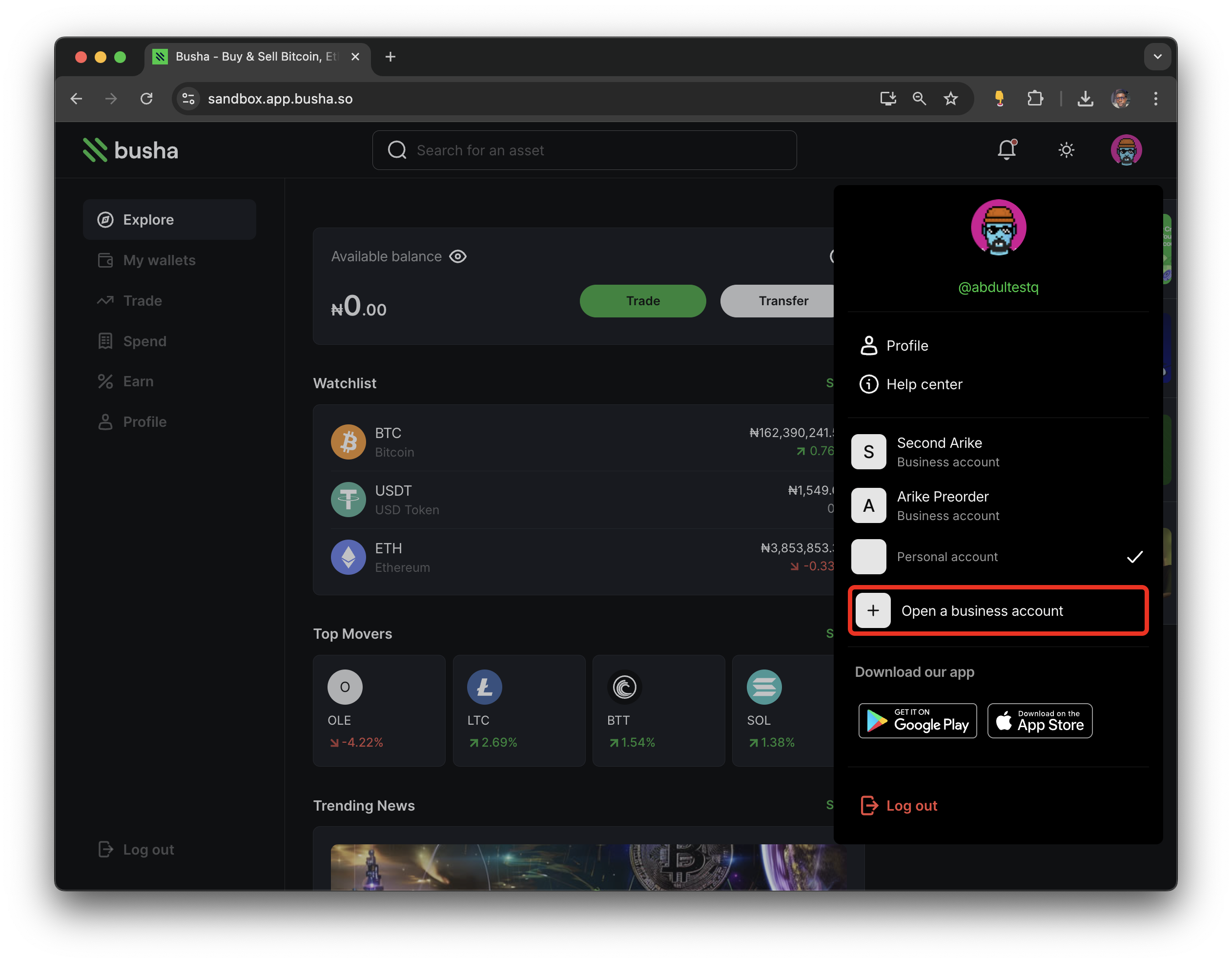 Open a business account highlighted in the avatar dropdown menu