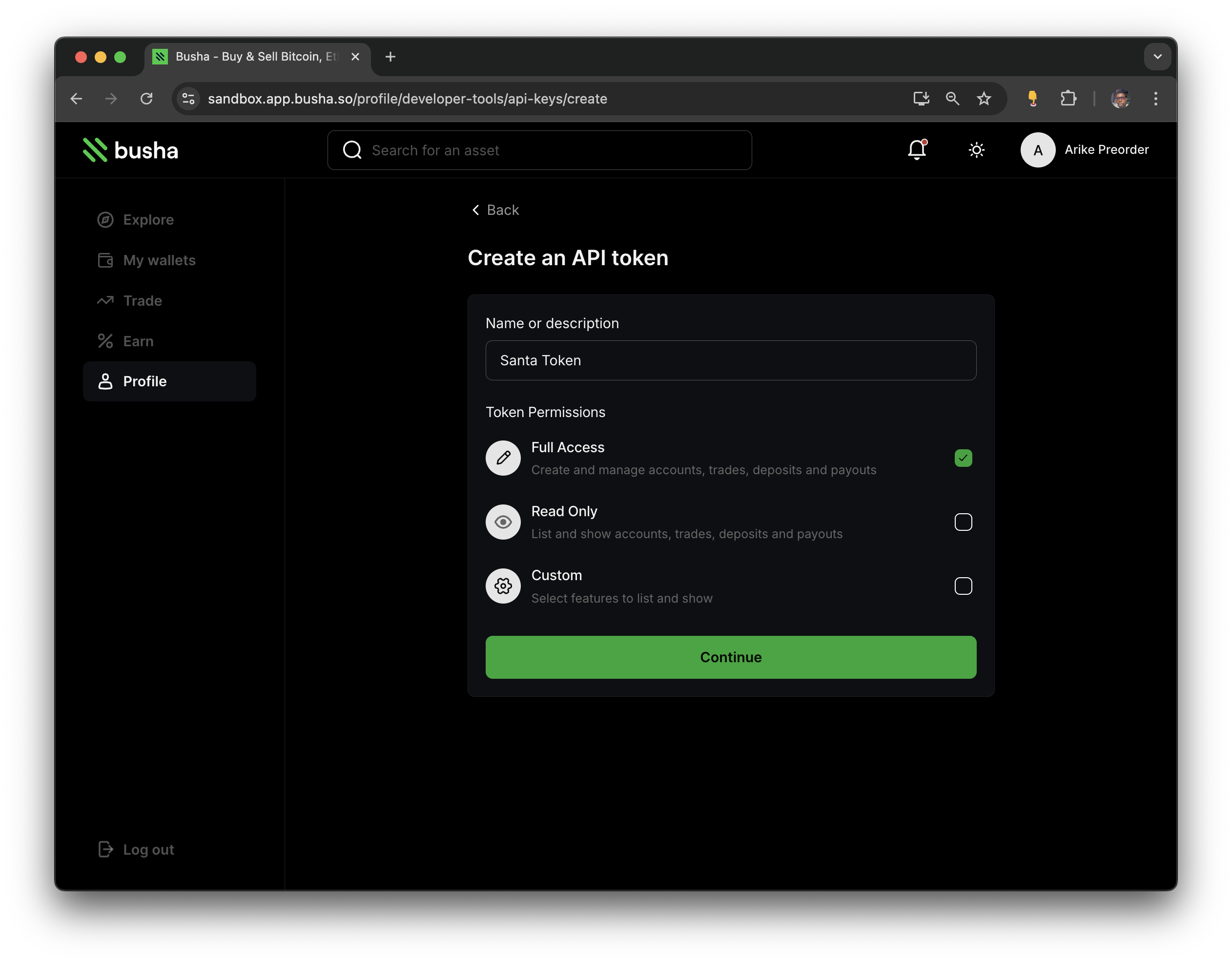 Create an API token page