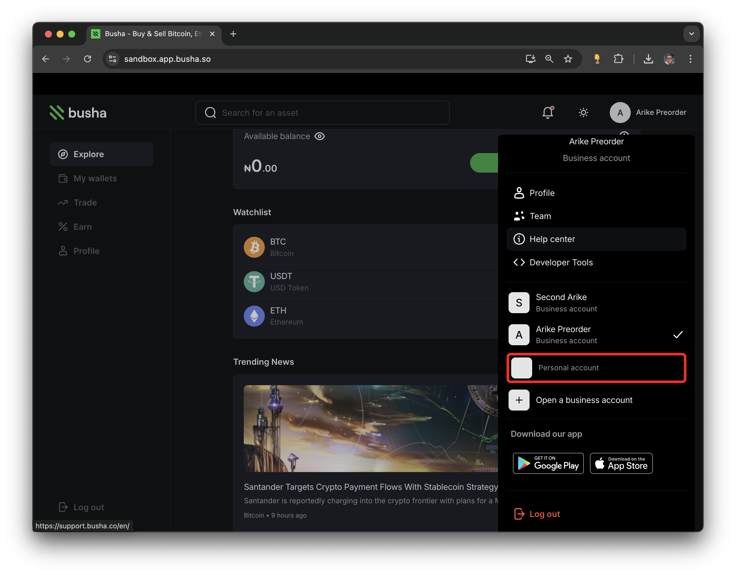 Business dashboard with a focus on Personal account